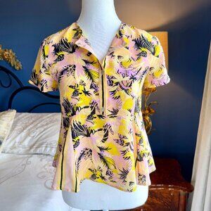 Suno Pink and Yellow Peplum Tropical Tshirt Blouse